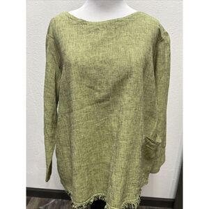 Cut Loose Top Womens Green Linen Blend Oversized Lagenlook Blouse Size M Fringe